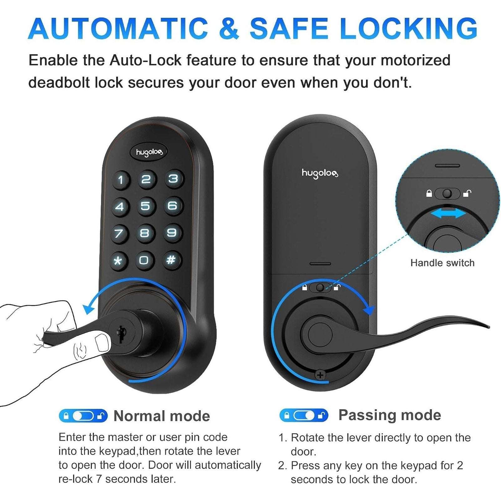 Hugolog Electronic Touchpad Digital Deadbolt Door Lock with Handle HU02 Black