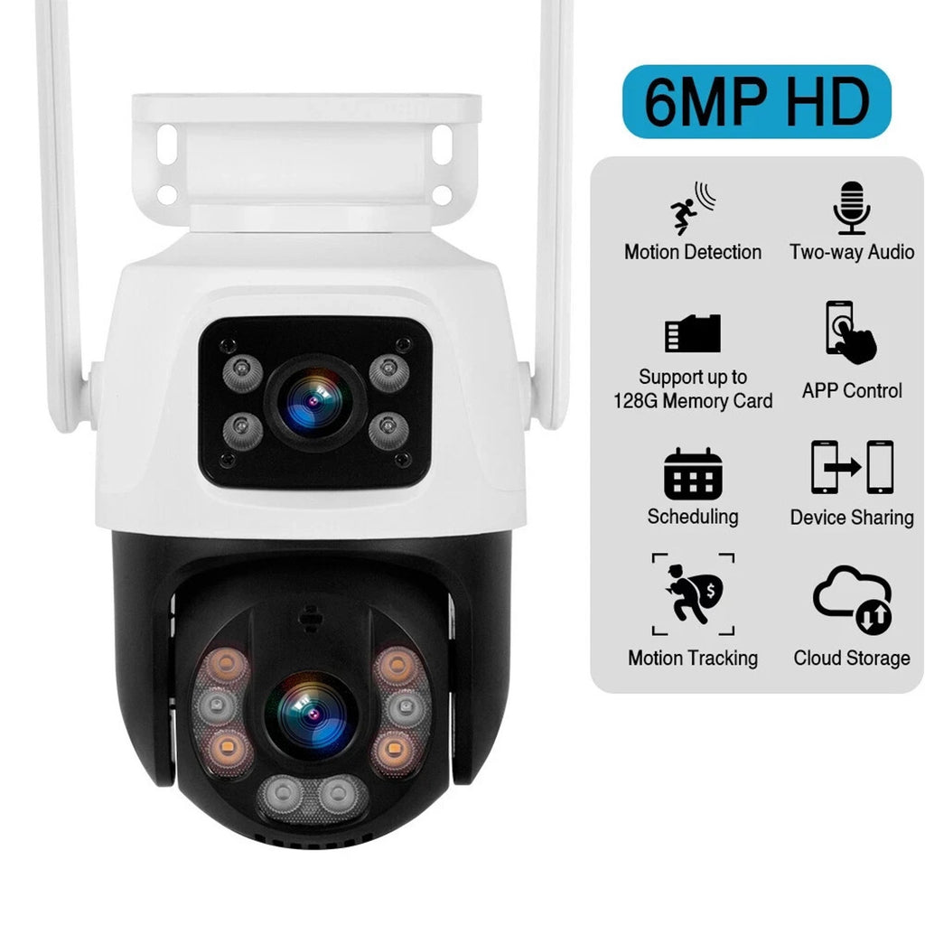 2CPU 6MP WiFi Camera Outdoor Dual Lens/Screen Auto Tracking, Night Vision, 2-Way