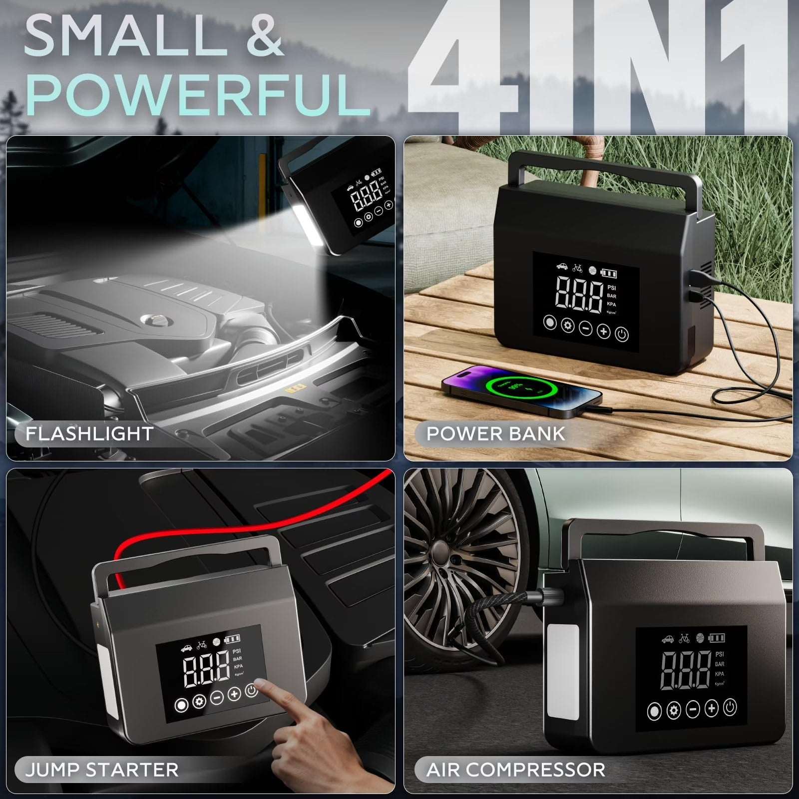 4000A 12V Car Jump Starter, 15000mAh Power Bank, Air Pump & LED Light Gas/Diesel