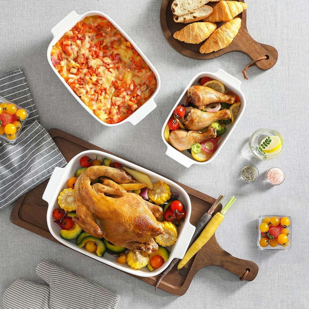 MALACASA 3PC Porcelain Casserole Baking Dish Set for Oven Ceramic Bakeware White