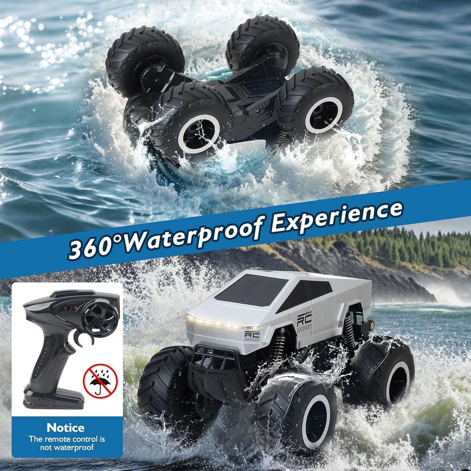 1:16 RC Amphibious Tesla 4WD All-Terrain Waterproof Monster Truck, 360° Rotation