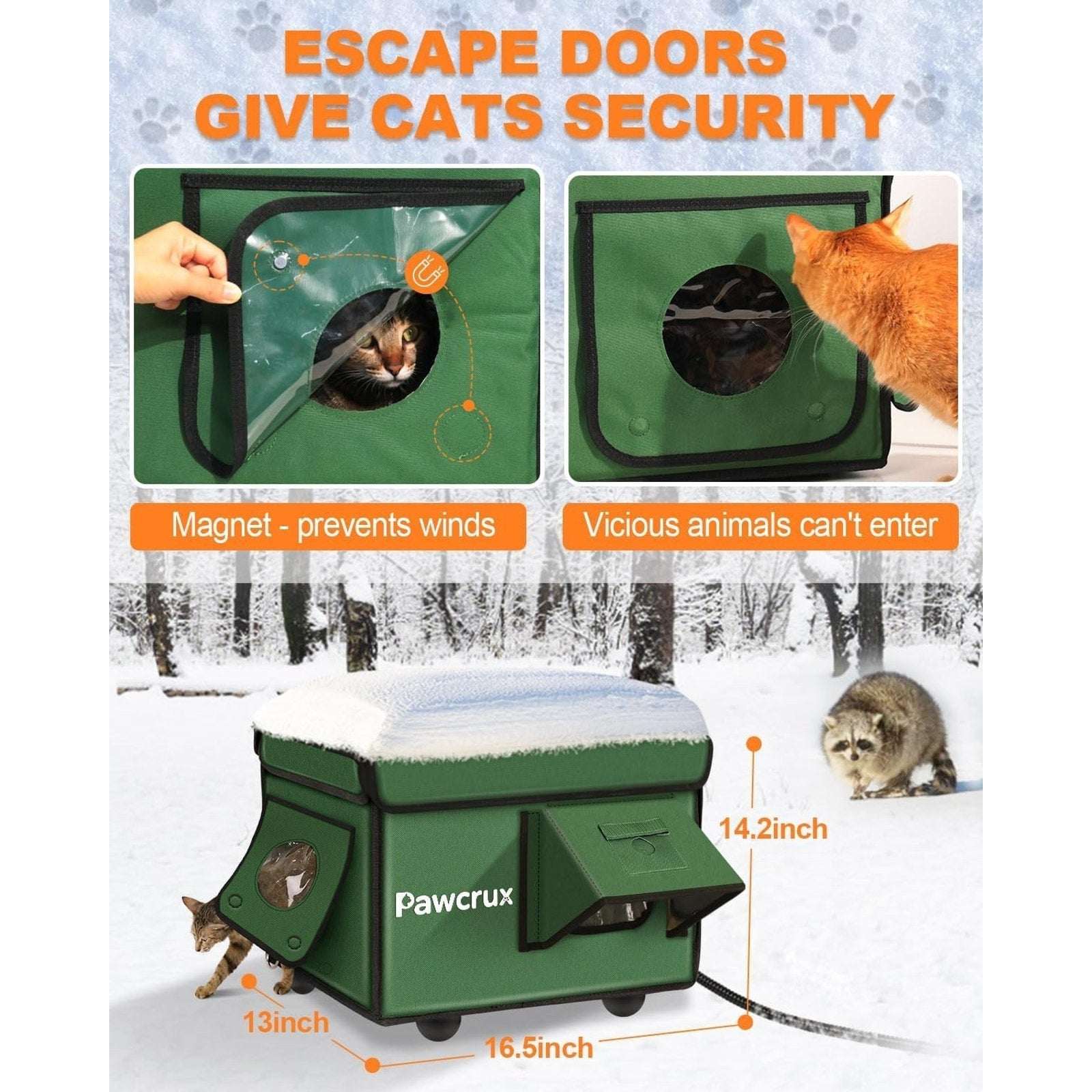 Outdoor Heated Cat House Weatherproof Winter Shelter w/ Escape Door, Heating Pad