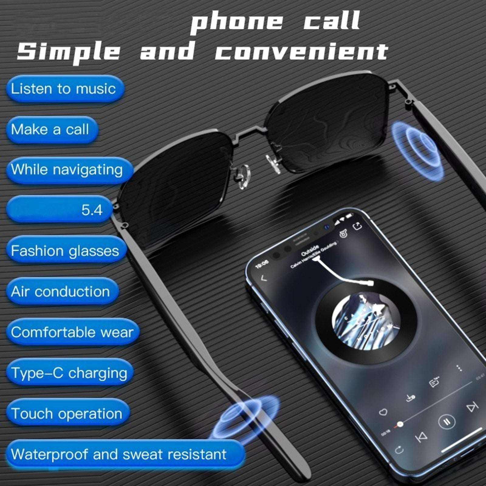 Smart HiFi Waterproof Ai Translation BT V5.4 Sunglasses Hands-Free Calls, Music
