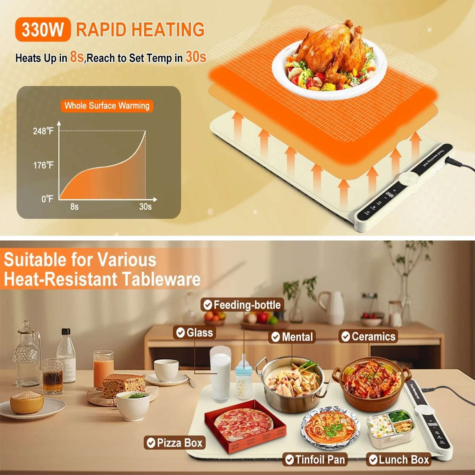 Electric Silicone Food Warming Mat 9 Temp/6 Timer Portable, Rollable, Child-Lock