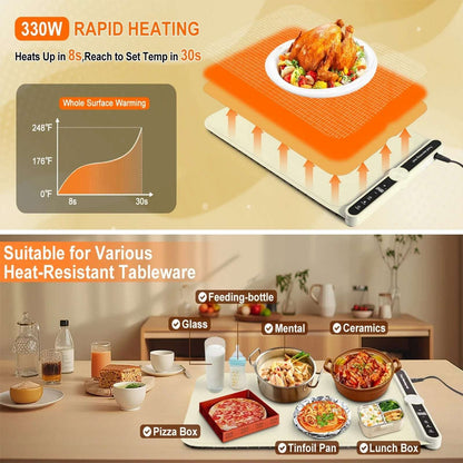 Electric Silicone Food Warming Mat 9 Temp/6 Timer Portable, Rollable, Child-Lock