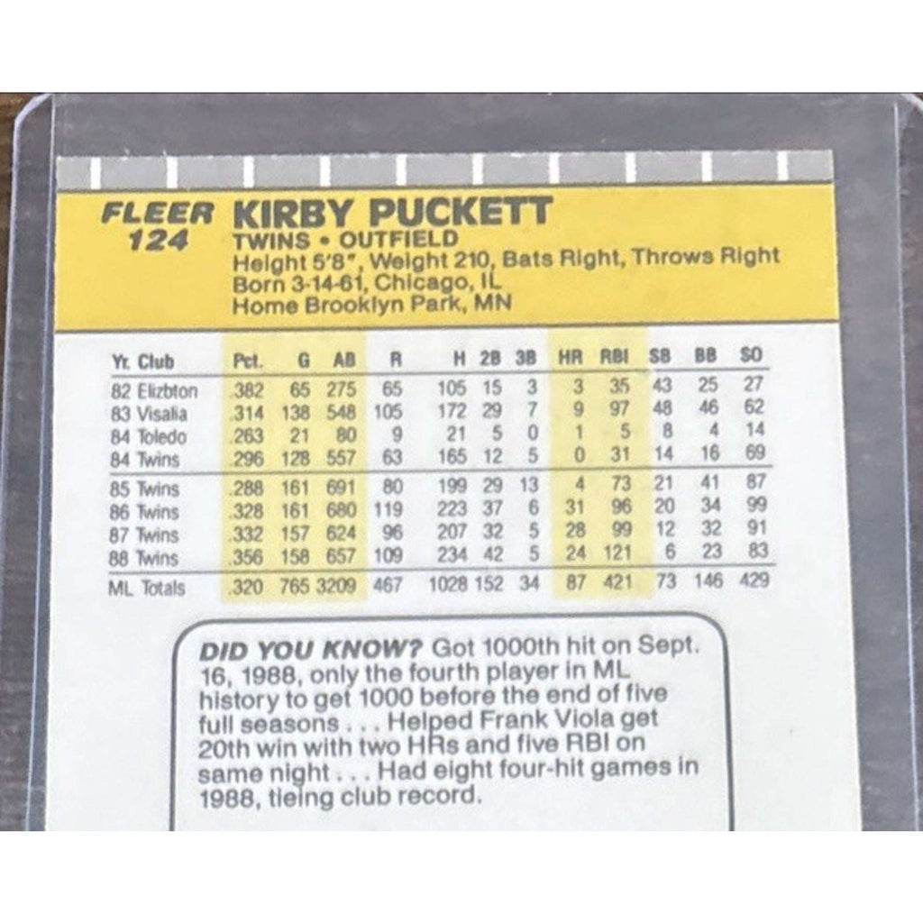 1989 FLEER #124 KIRBY PUCKETT - TWINS - FROM Pack to Sleeve - MLB Baseball