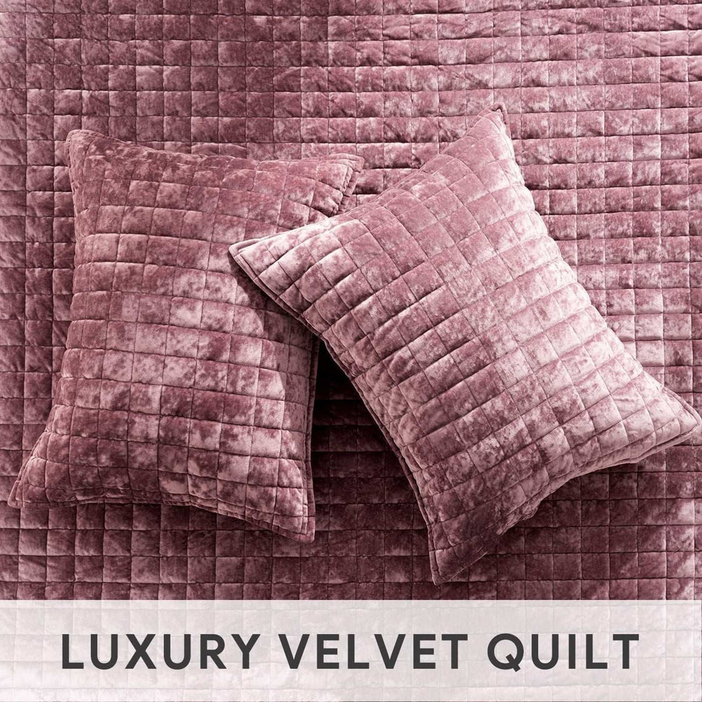 RECYCO Luxury Velvet Quilt Set Full Queen Size Bedding Ultra Soft in Dusty Mauve