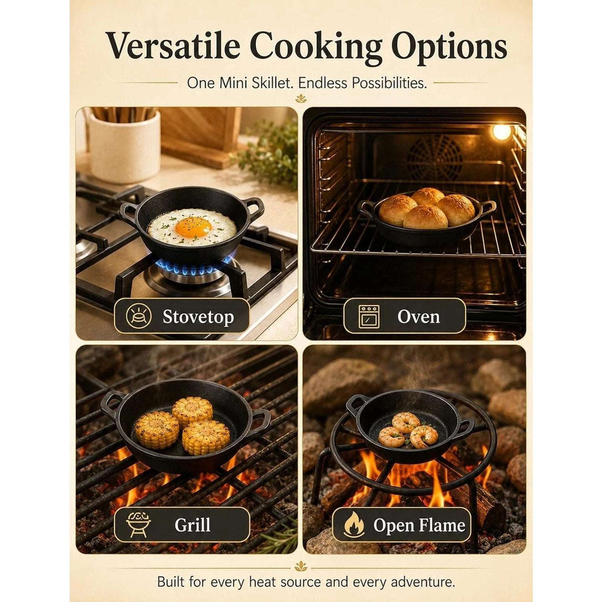 Set of 6 Mini Cast Iron Skillets Pans with Double Handles, 6.3 x 6.3 x 1.5 Inch