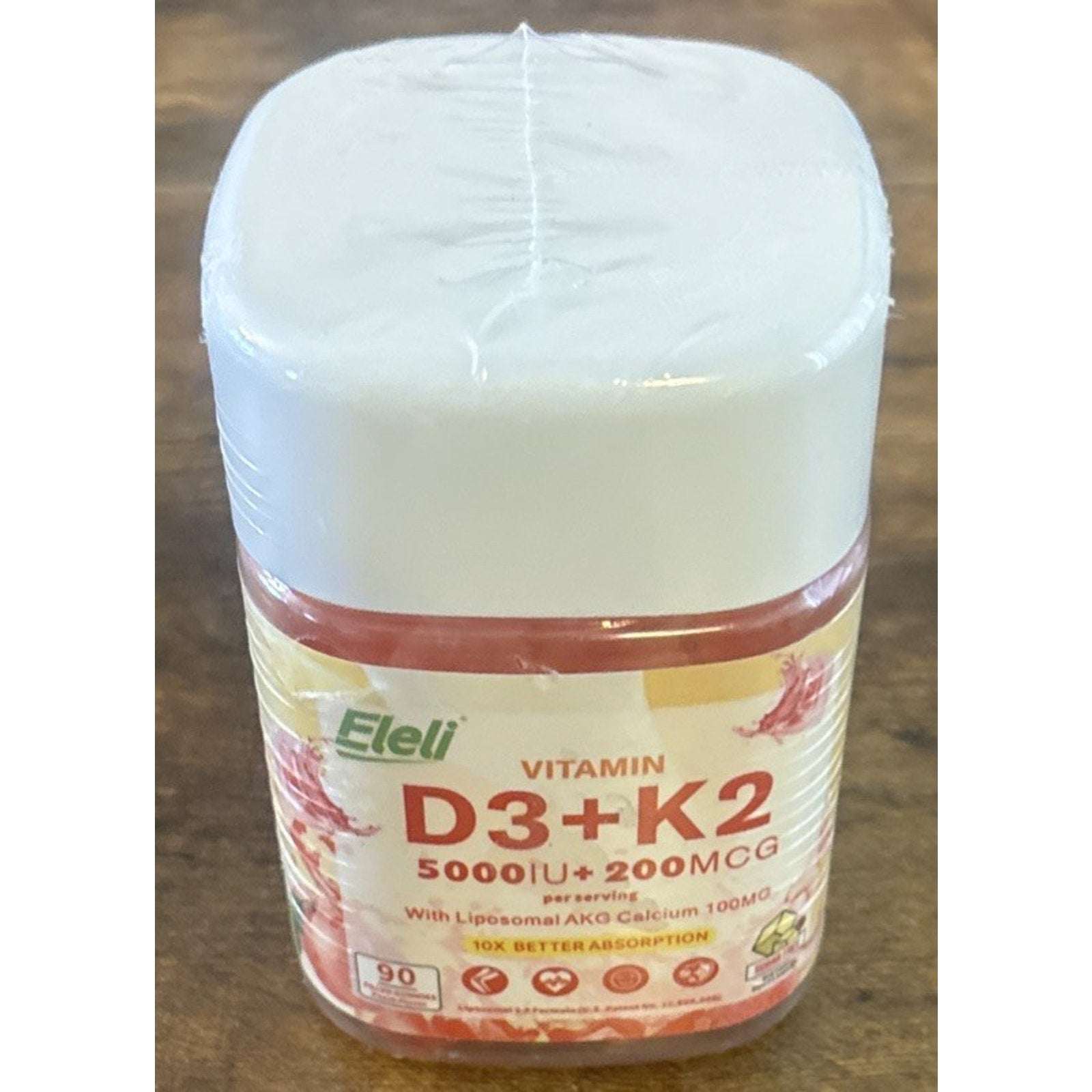 Eleli D3 K2 5000IU + 200MCG w/ Liposomal AKG Calcium 100MG Sugar Free 90 Gummies