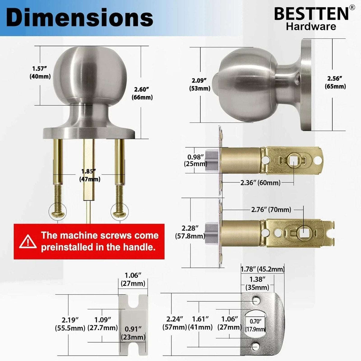 2Pk BESTTEN Keyed Entry Door Knob w/ Lock Satin Nickel Round Interior & Exterior