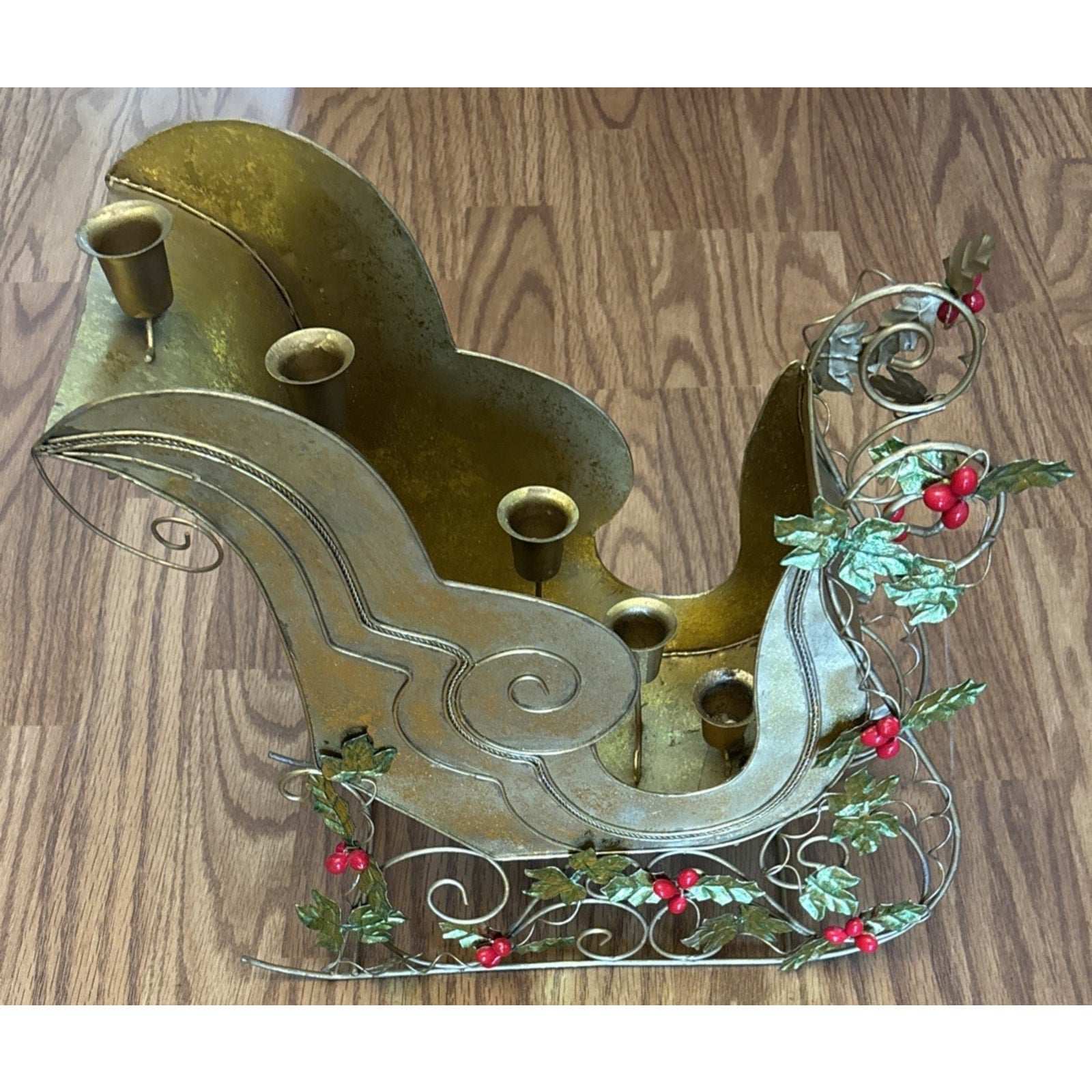 Vtg Metal Gold Sleigh Christmas Decoration Centerpiece 5 Taper Candle Holder