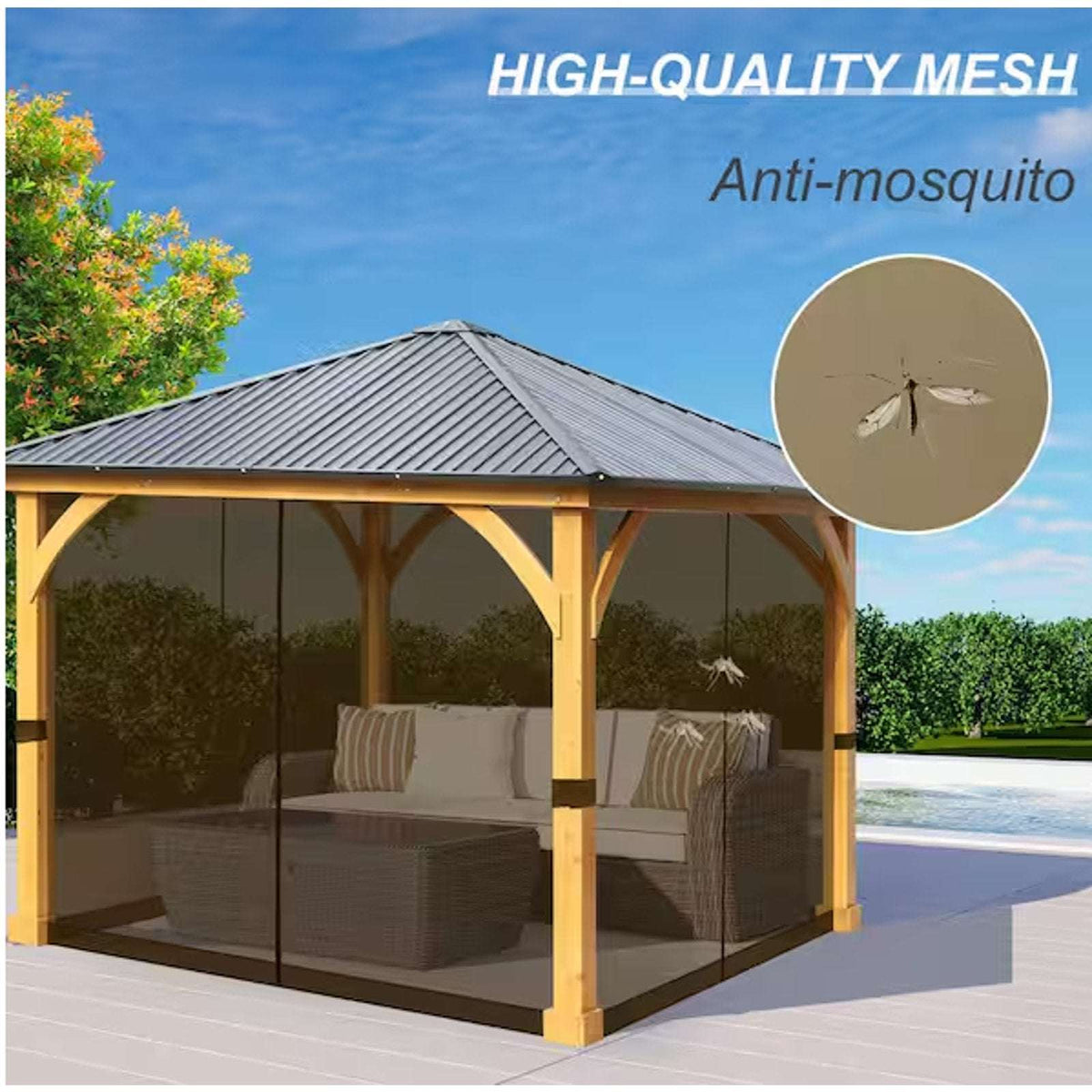 10' x 10' Gazebo Universal Mosquito Netting Mesh Screen with Zippers in Brown