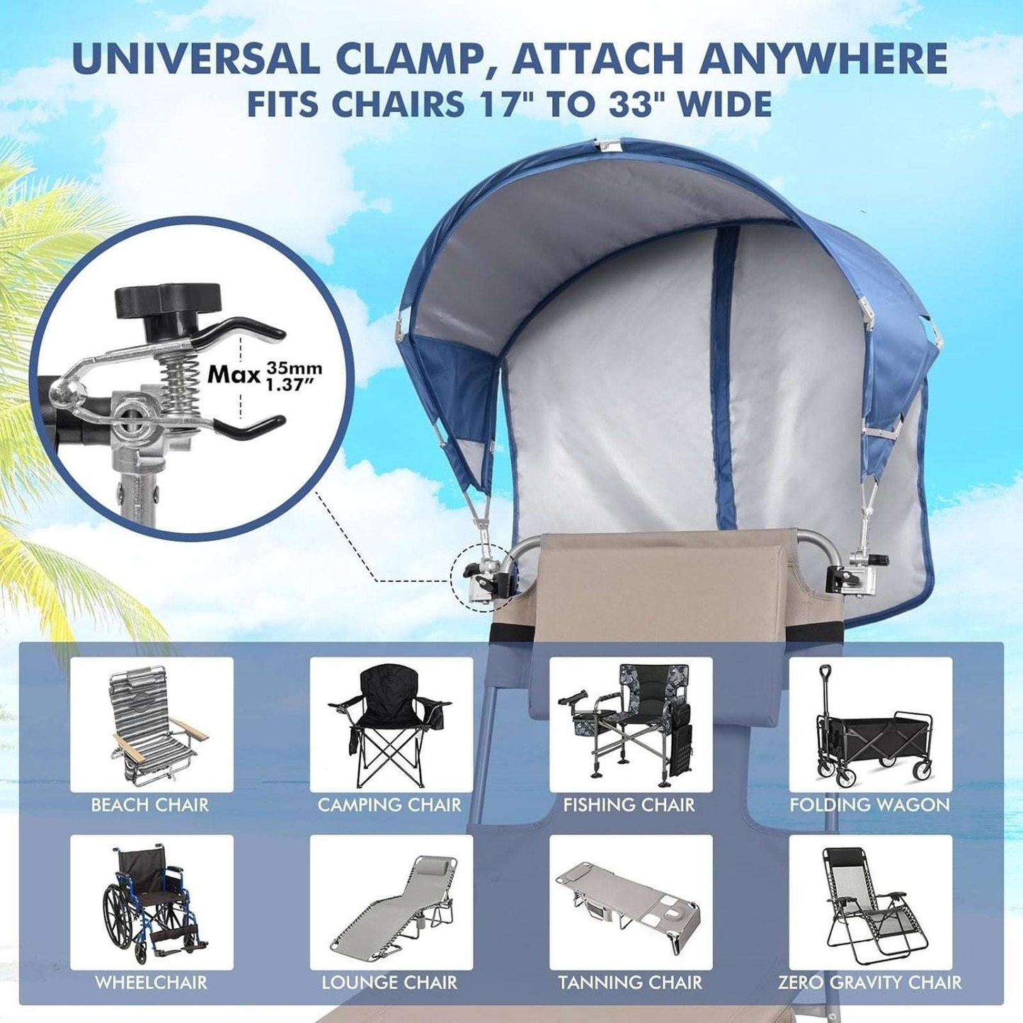 2Pk Universal Umbrella UPF50+ Sun Shade Adj Clamp Clip Beach Chair Wagon Sports