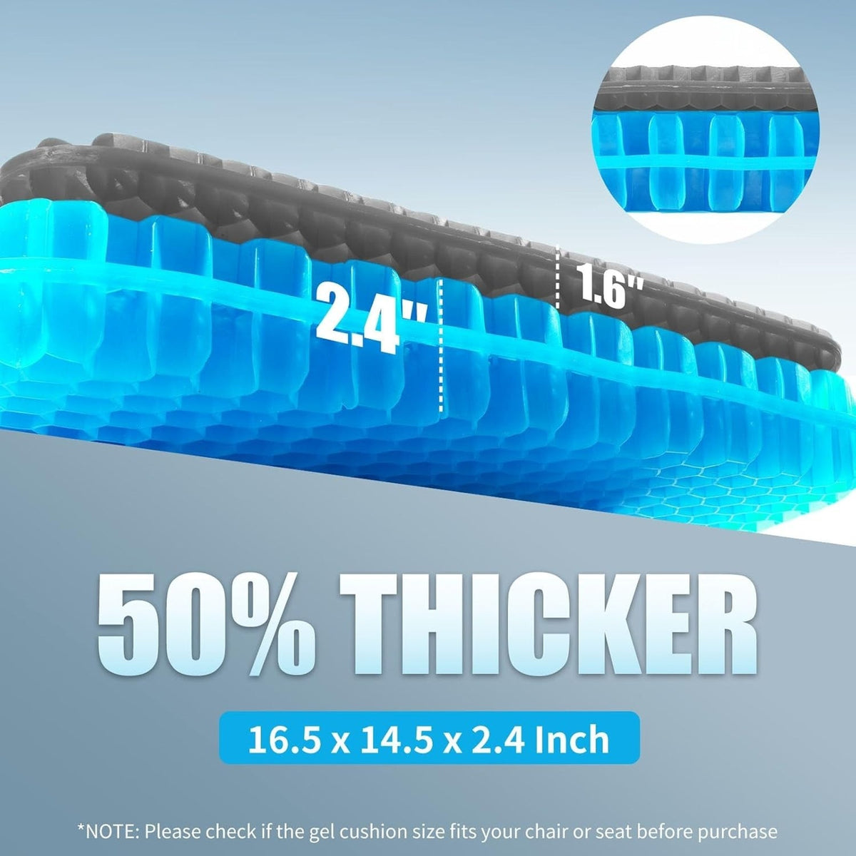 Gel Seat Cushion Long Sitting 16.5" x 14.5" x 2.4" Extra Thick Pressure Relief