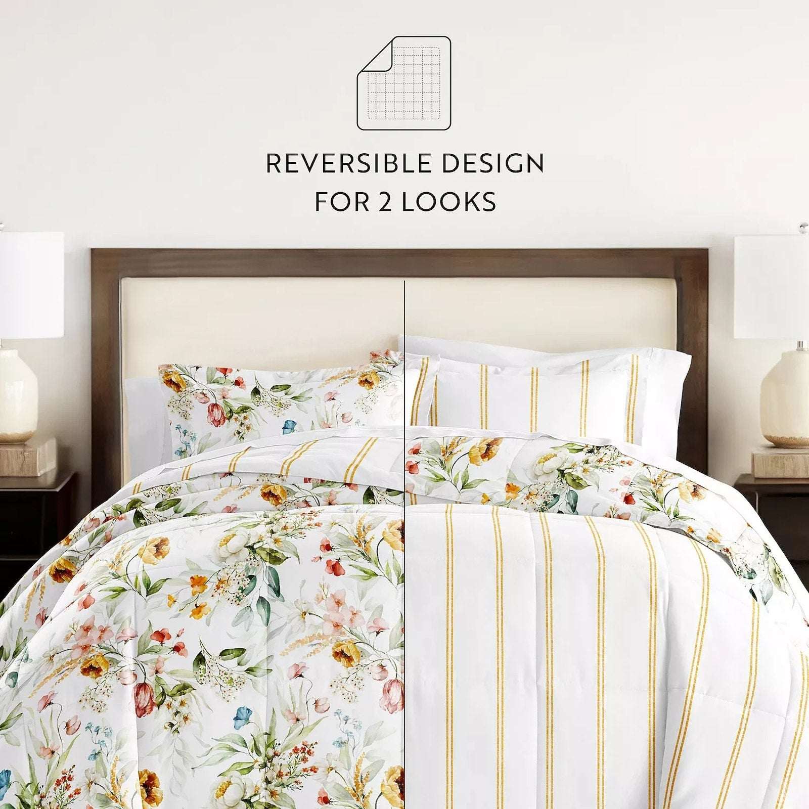 Chintz Floral Stripe Reversible All Season Down-Alternative Queen Comforter Set