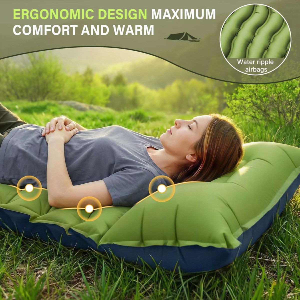 Camping Waterproof Sleeping Pad 6" Thick Pillow w/ Built-In Pump - Expandable