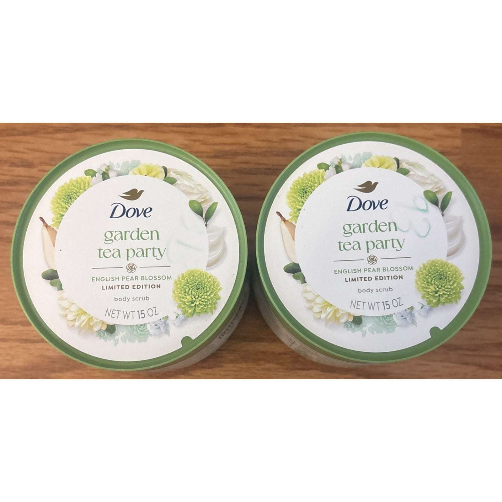 2PC Dove Beauty Garden Tea Party Body Scrub English Pear Blossom Limited Edition