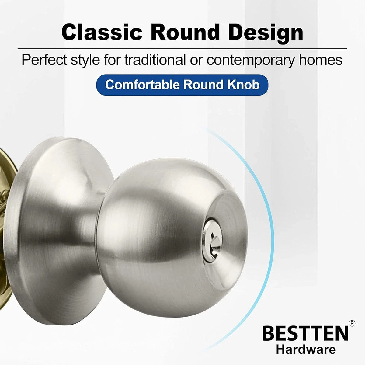 2Pk BESTTEN Keyed Entry Door Knob w/ Lock Satin Nickel Round Interior & Exterior