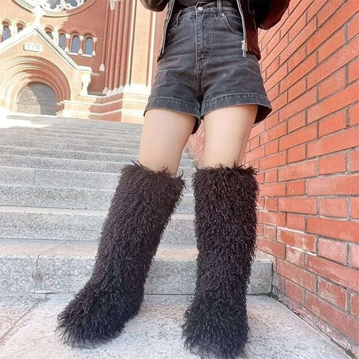 Y2K Rave Shaggy Mongolian Faux Fur Knee High Black Furry Moon Boots Sz 13 Womens