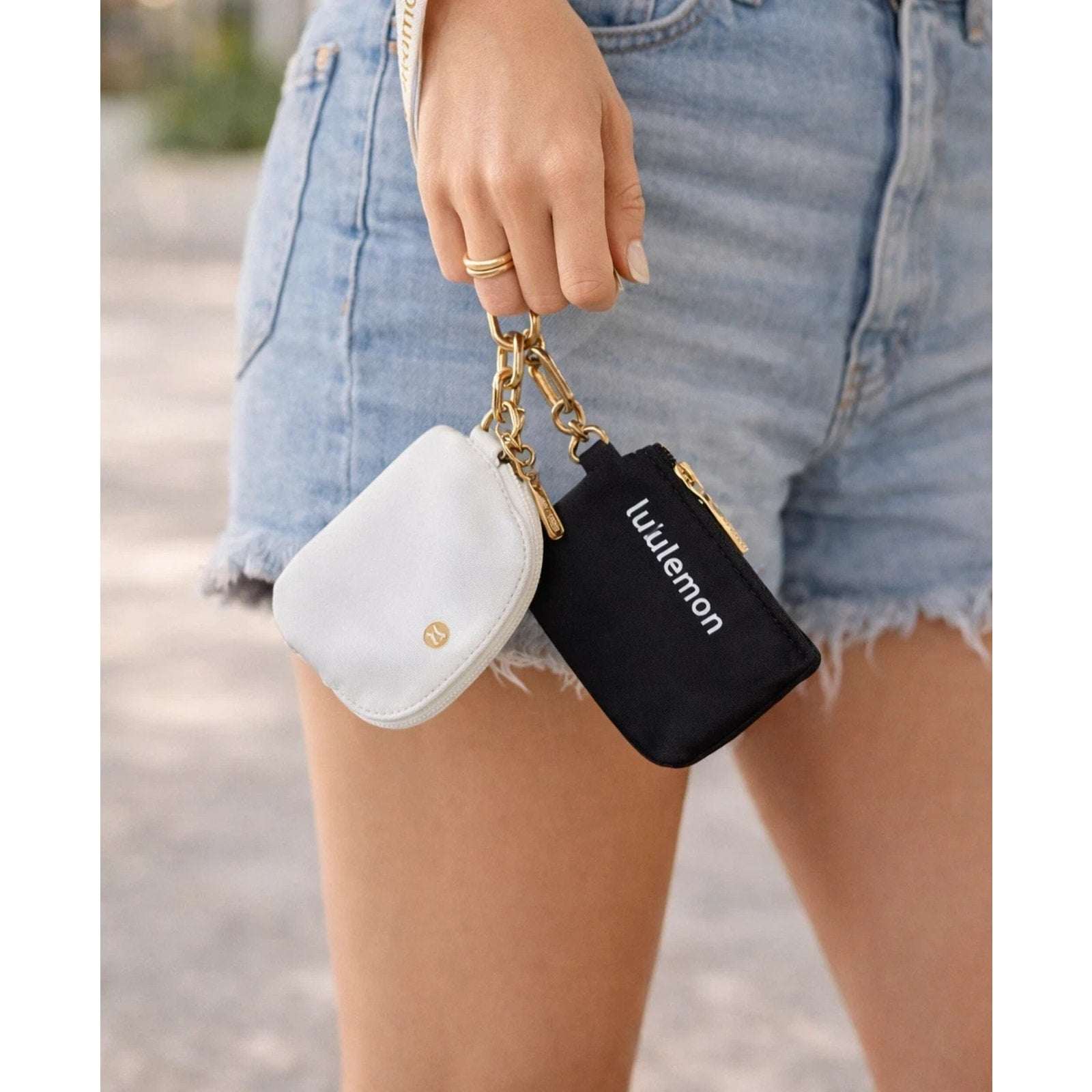 NWT Lululemon Dual Pouch Wristlet Wallet Keychain Wordmark Black & White w/ Gold