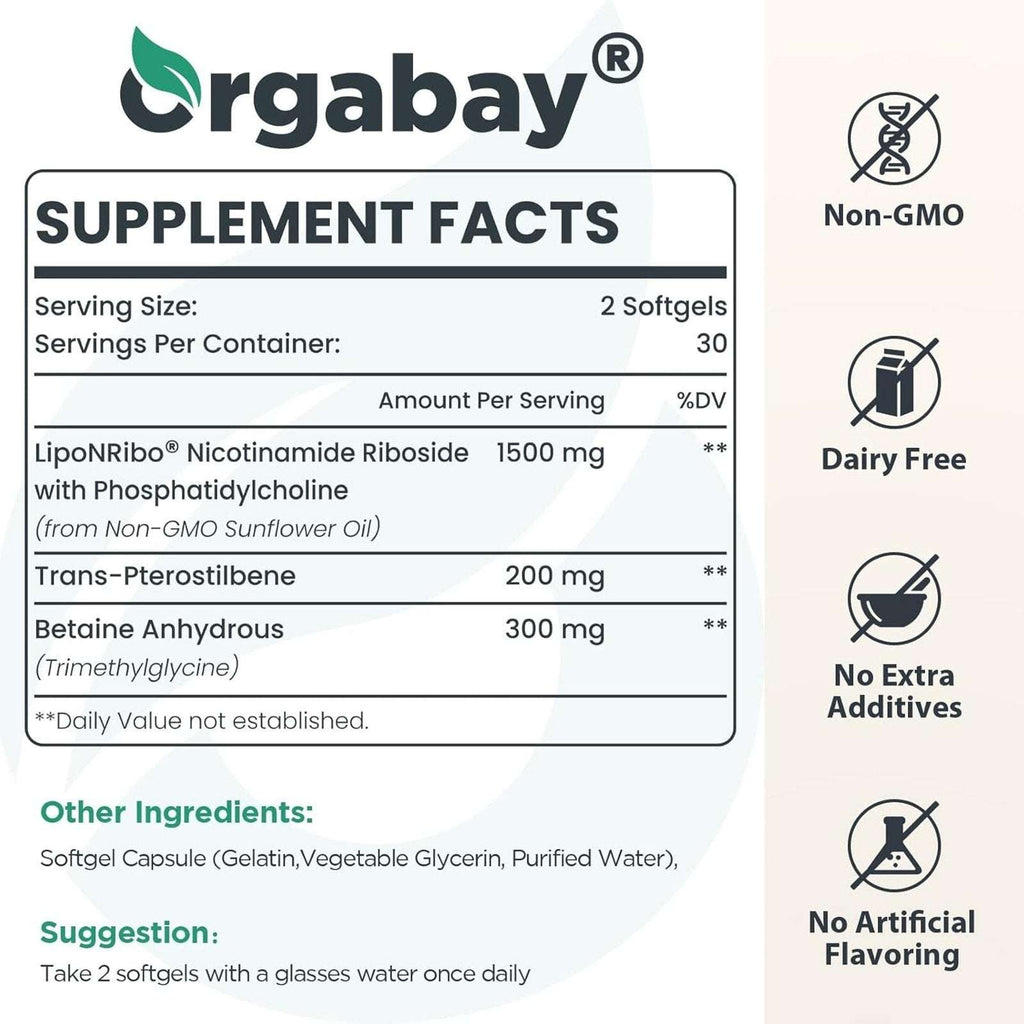 2Pk Orgabay Liposomal Nicotinamide Riboside 2000MG w/ TMG & Pterostilbene, NAD+