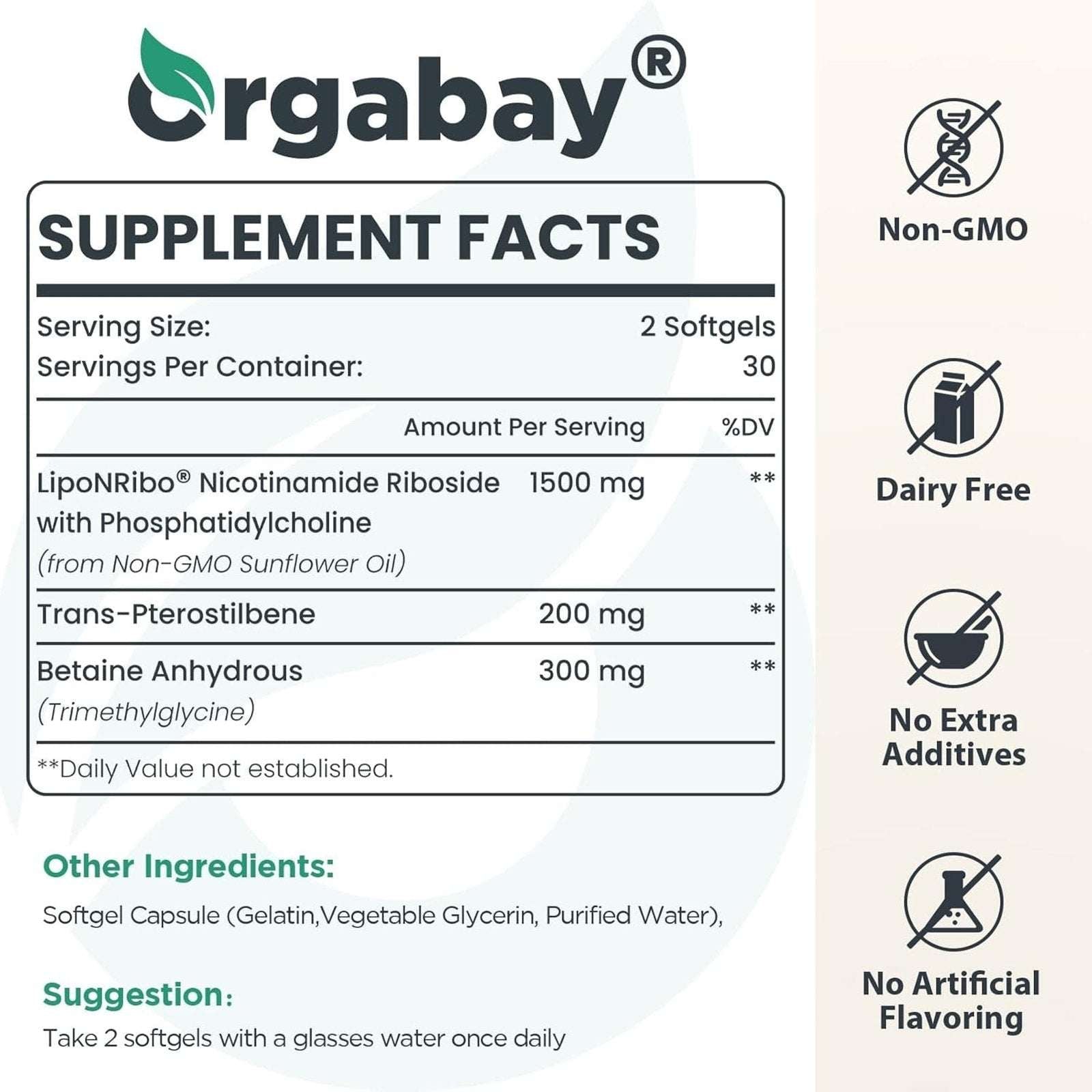 2Pk Orgabay Liposomal Nicotinamide Riboside 2000MG w/ TMG & Pterostilbene, NAD+