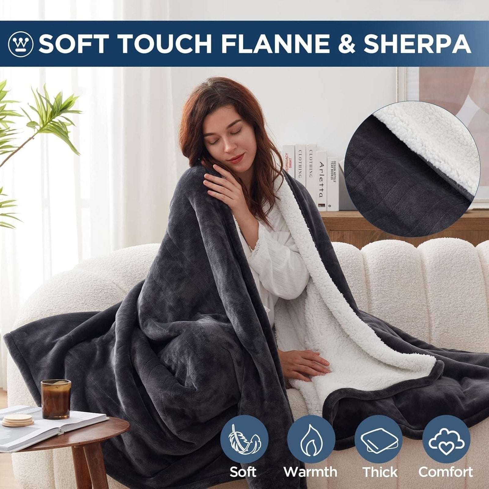 Westinghouse Electric Heating Blanket Silky Flannel & Sherpa Twin Size Charcoal