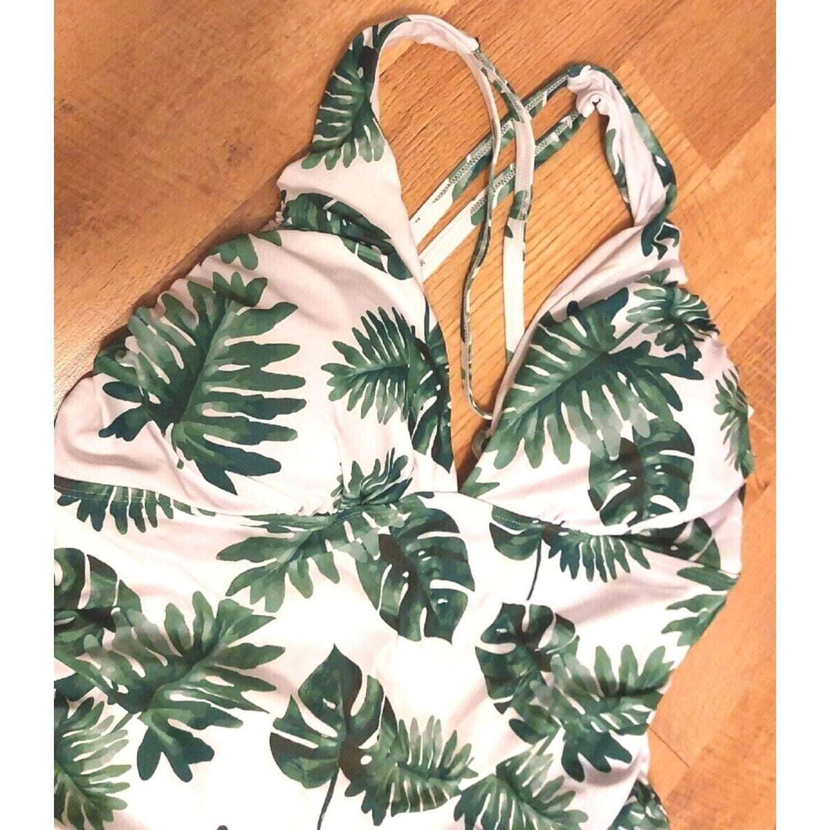 W You Di An Green Palm Leaf Tropical One Piece V-neck Wide Strap Swimsuit 4XL