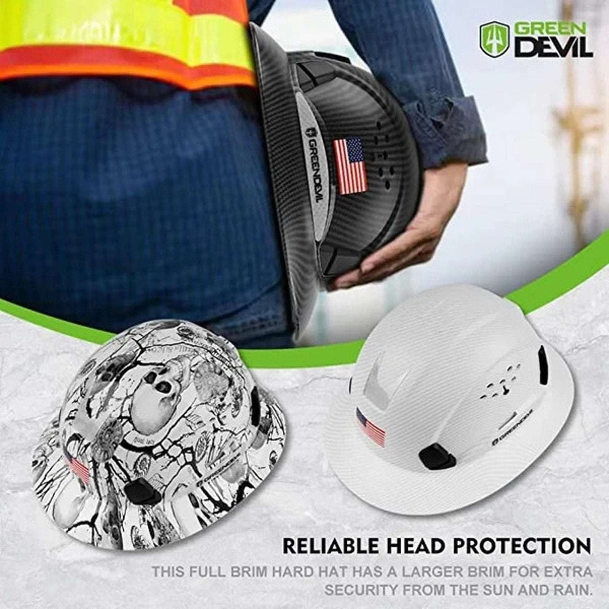 GREEN DEVIL Full Brim Hard Hat Vented Construction Safety Helmet OSHA Approved