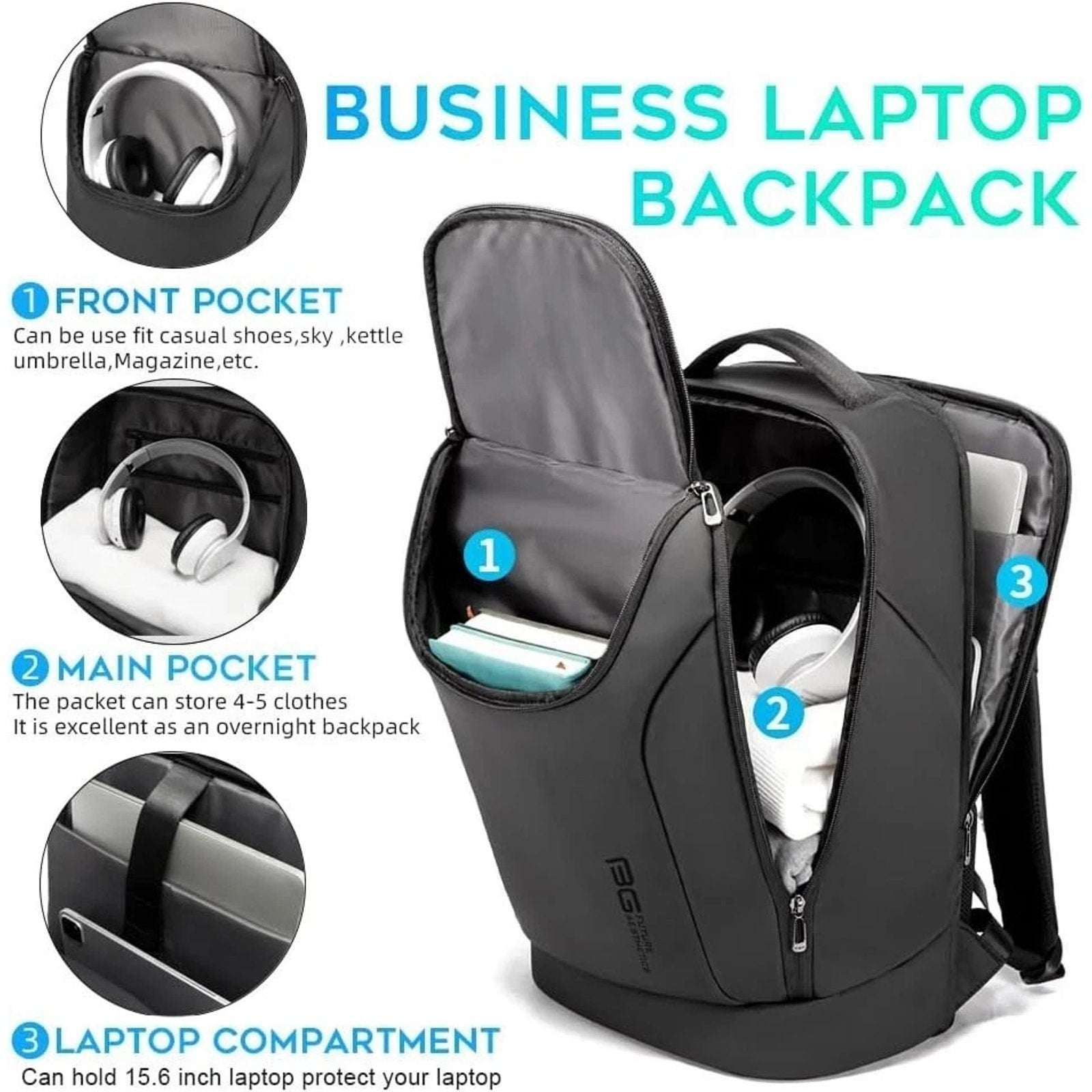 BANGE Business Commute Backpack Black fits 15.6” Laptop, Waterproof, Travel Pack