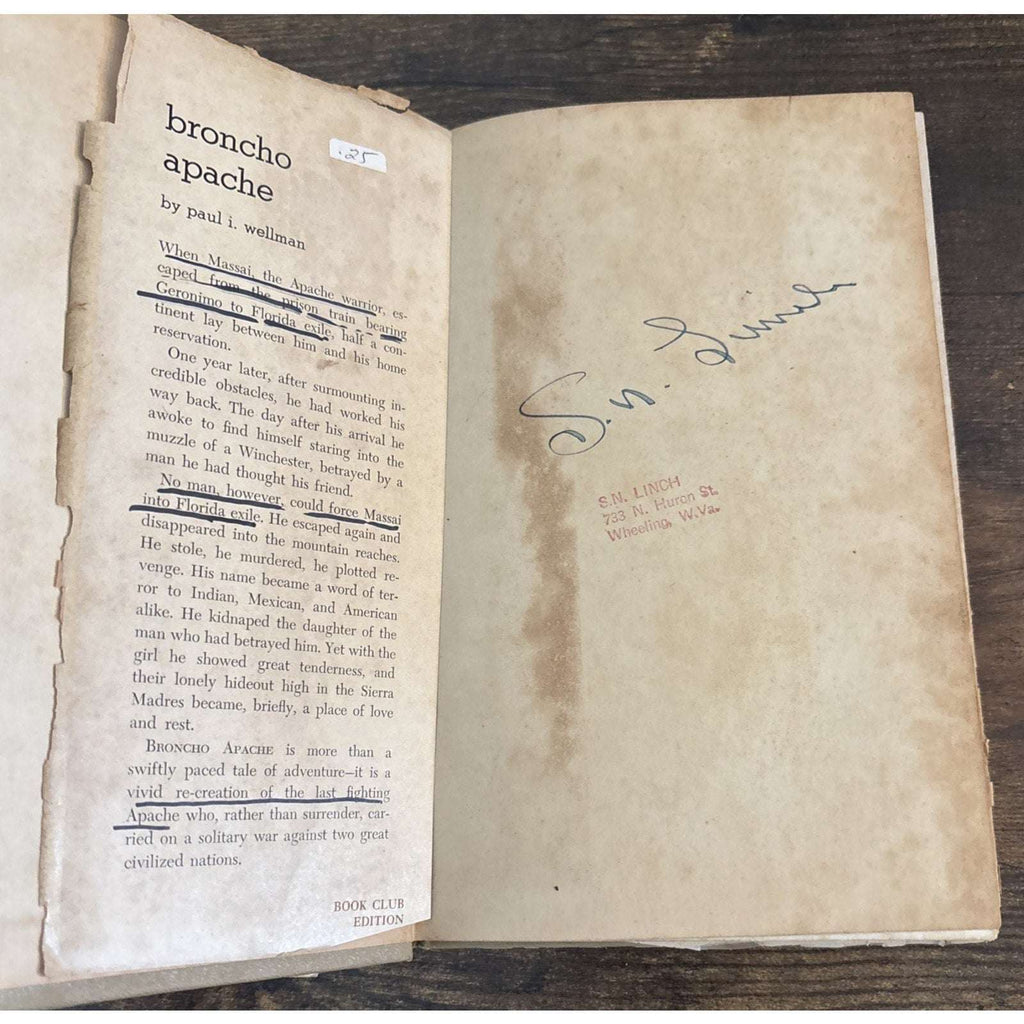 Broncho Apache by Paul Wellman Book Club Edition. Copyright MCMXXXVI 1936