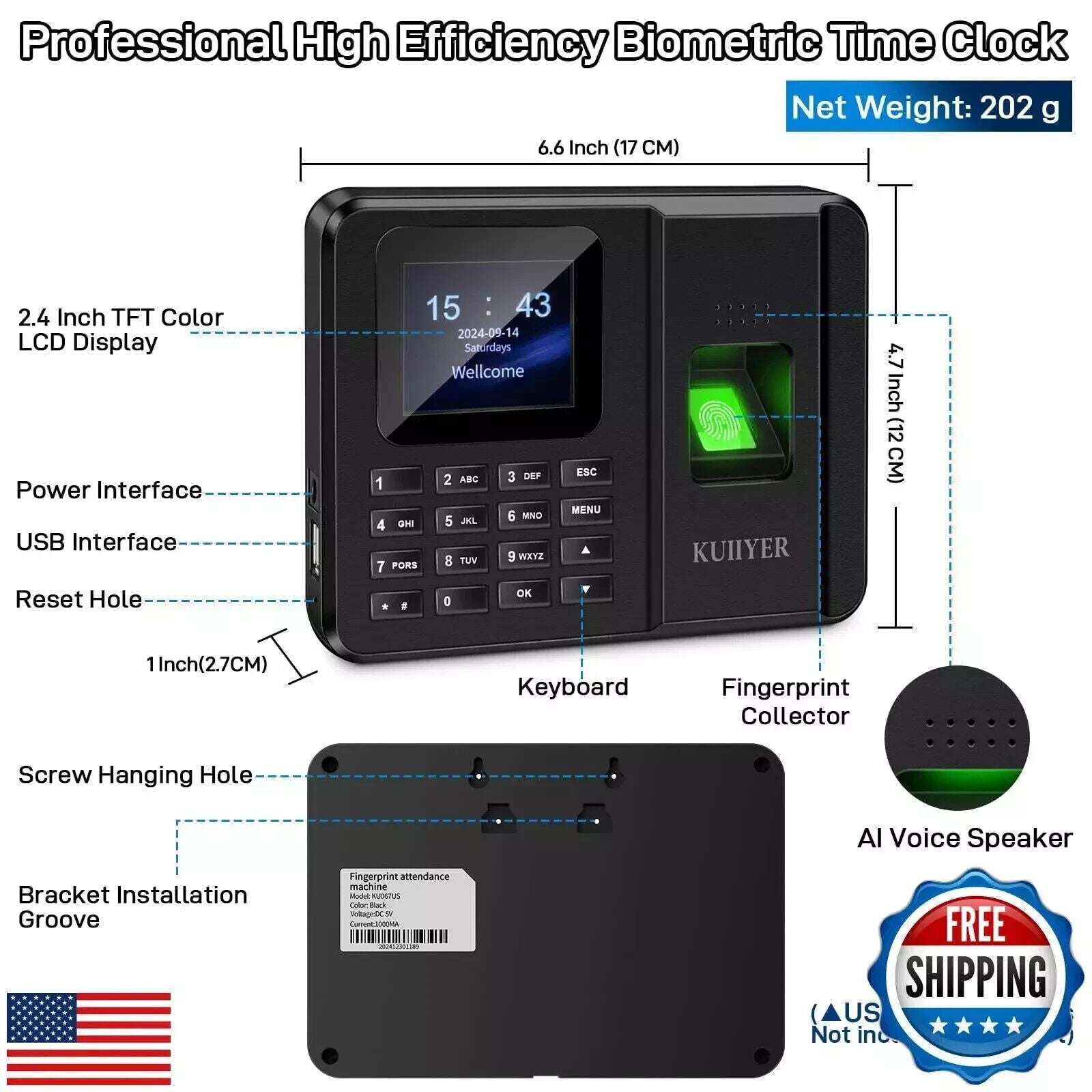 KUIIYER 2in1 Biometric Time Clock Employees Small Business Fingerprint Password