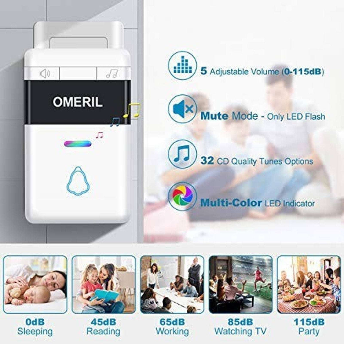 Omeril Weatherproof Wireless Doorbell with 2 Plug-In Receivers 1000ft Range Kit