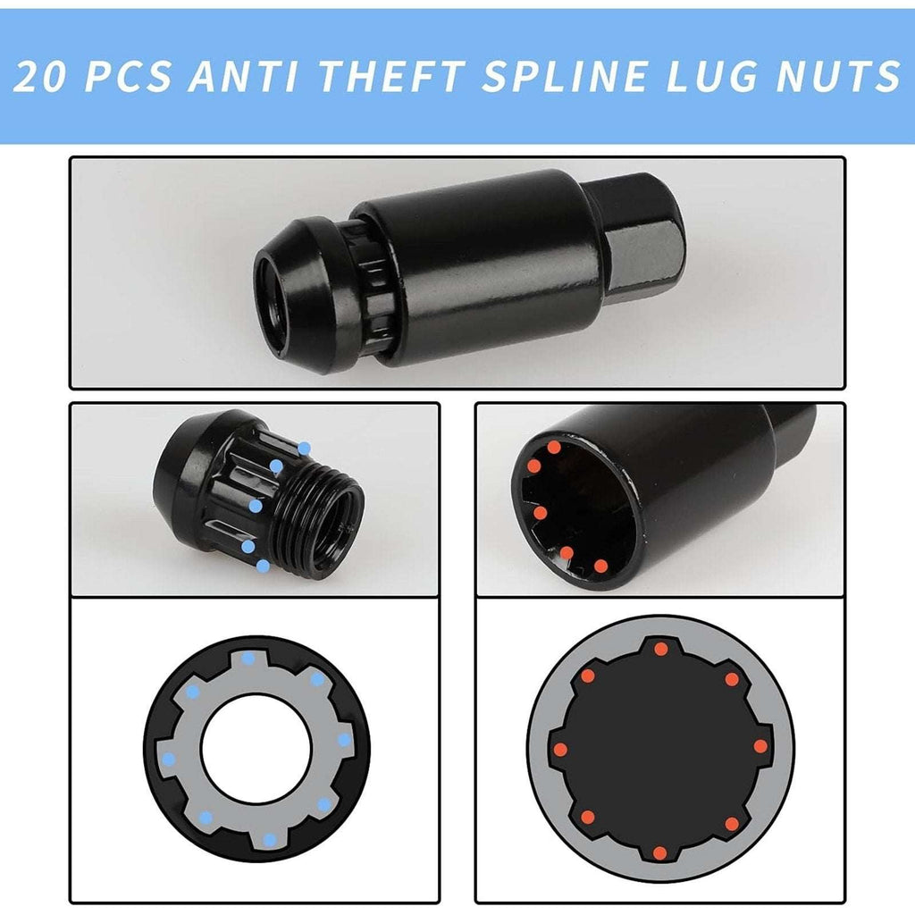 20PC Steel Anti-Theft Spline Closed End Lug Nuts M12X1.5 +Socket Black Wheel Rim