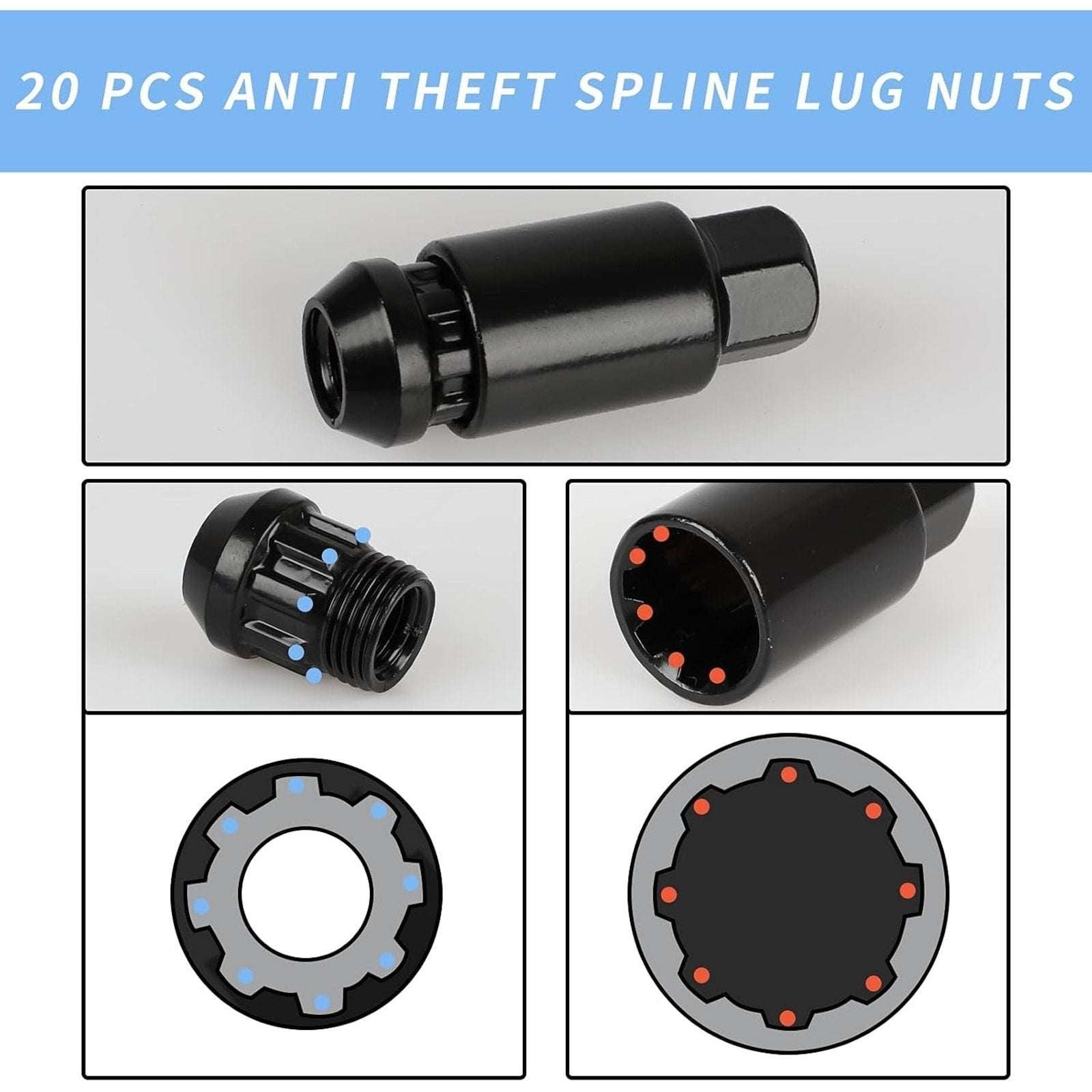 20PC Steel Anti-Theft Spline Closed End Lug Nuts M12X1.5 +Socket Black Wheel Rim