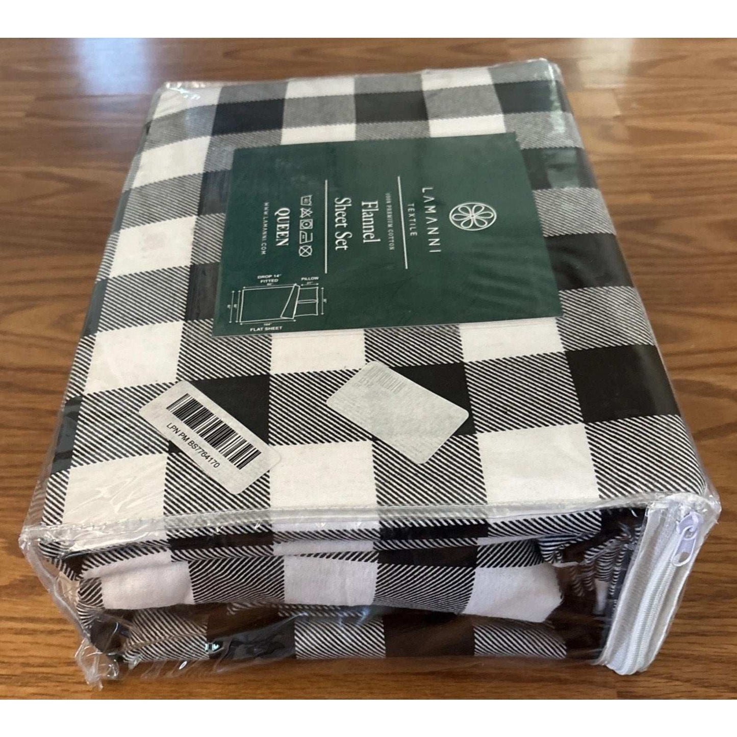 LAMANNI 100% Premium Cotton Flannel Buffalo Plaid Sheet Set - Black/White Queen