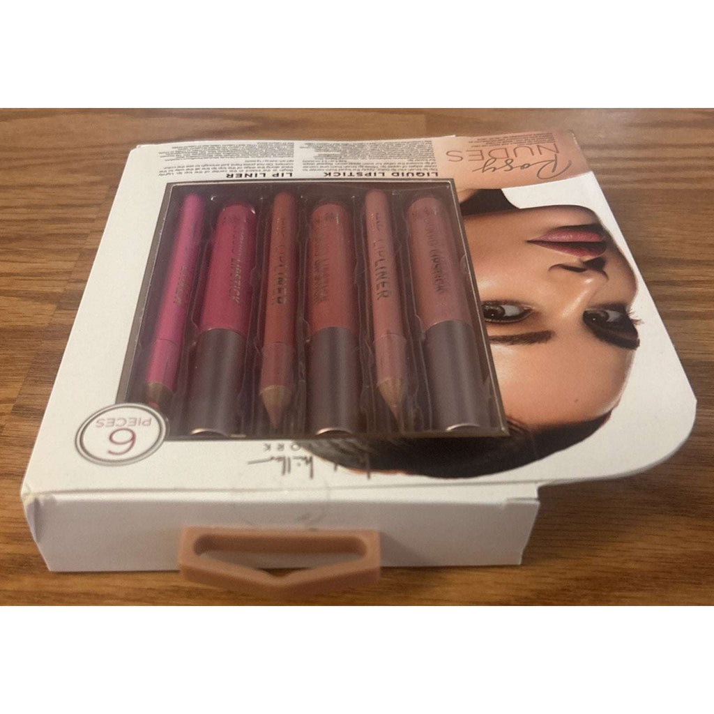Nicole Miller NY Rosy Nudes Liquid Lipstick & Liner 6Pc Set Rose, Peach & Mauve
