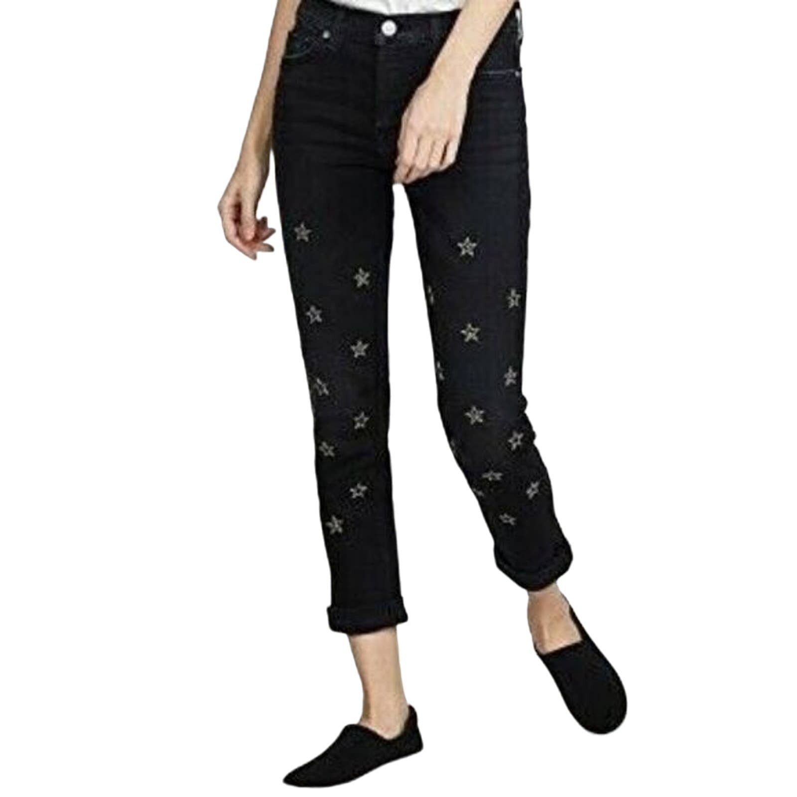 Hudson Riley Crop Relaxed Straight Metal Stars Black Fade Jeans Sz 27