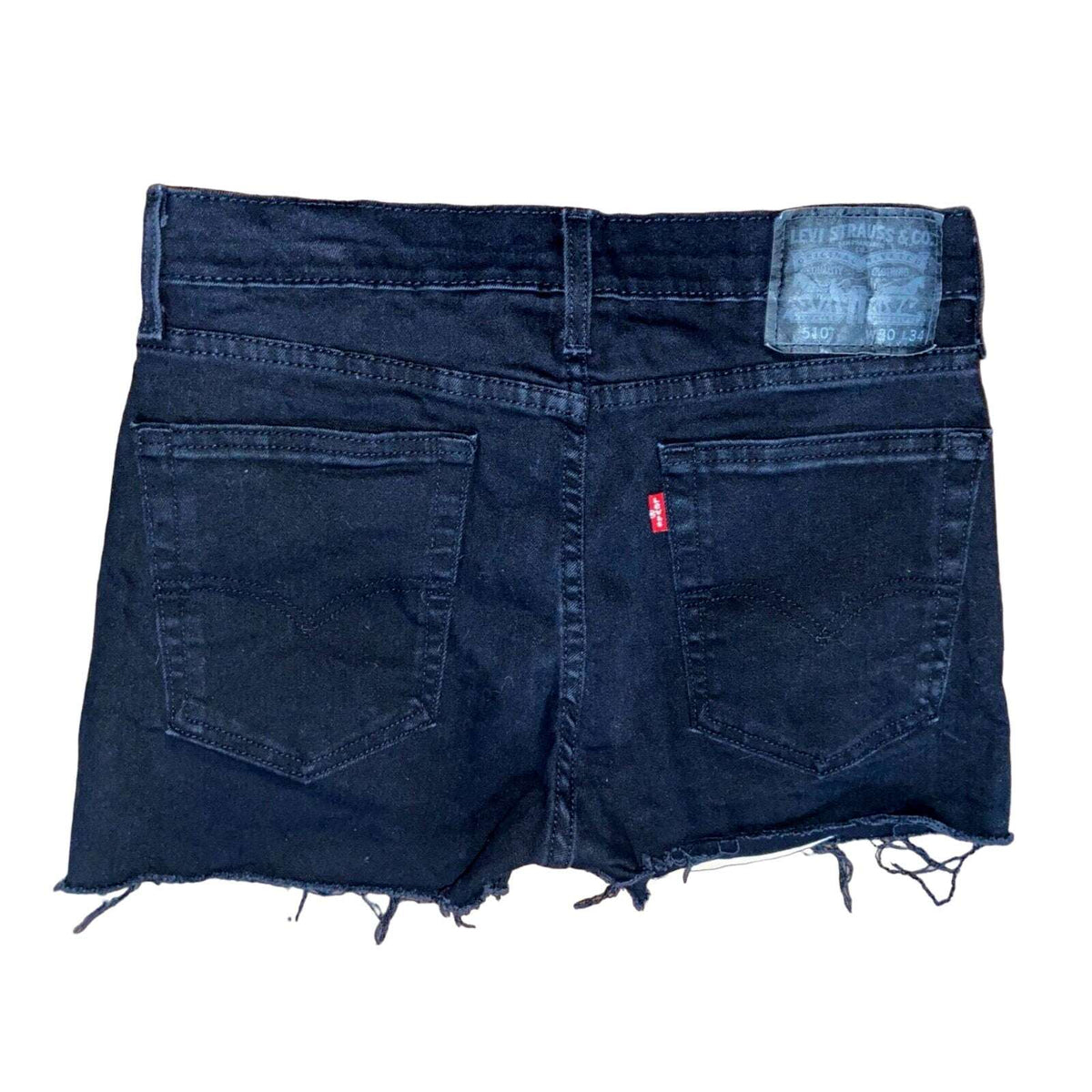 510 LEVI's Black Fade Distressed High Rise Relaxed Cut Off Jean Shorts Sz 30