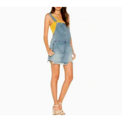 FREE PEOPLE Distressed Overall Denim Jean Dress w/ Frayed Hem Size 4