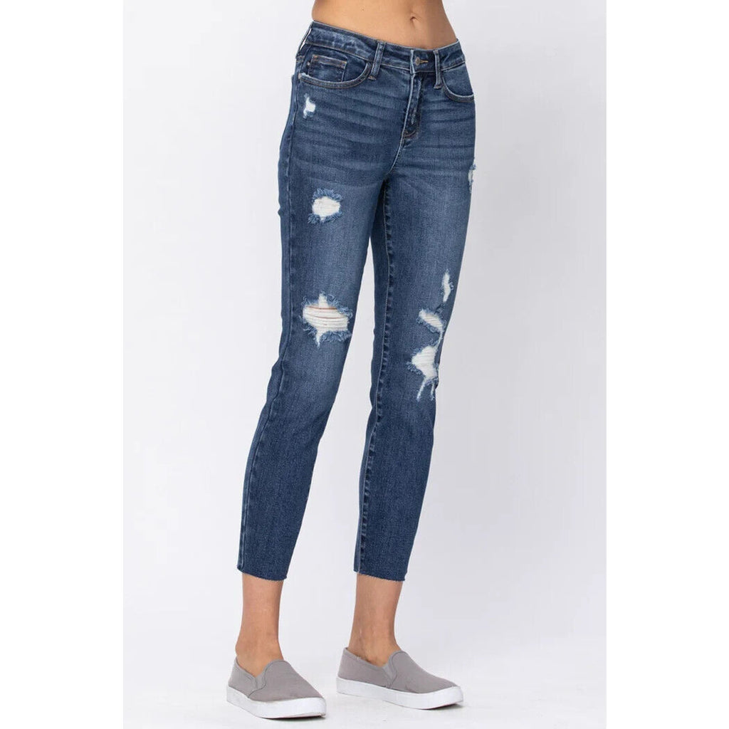 Judy Blue Relaxed Fit Skinny Leg Ripped Distressed Raw Fray Hem Jean Size 3 / 26