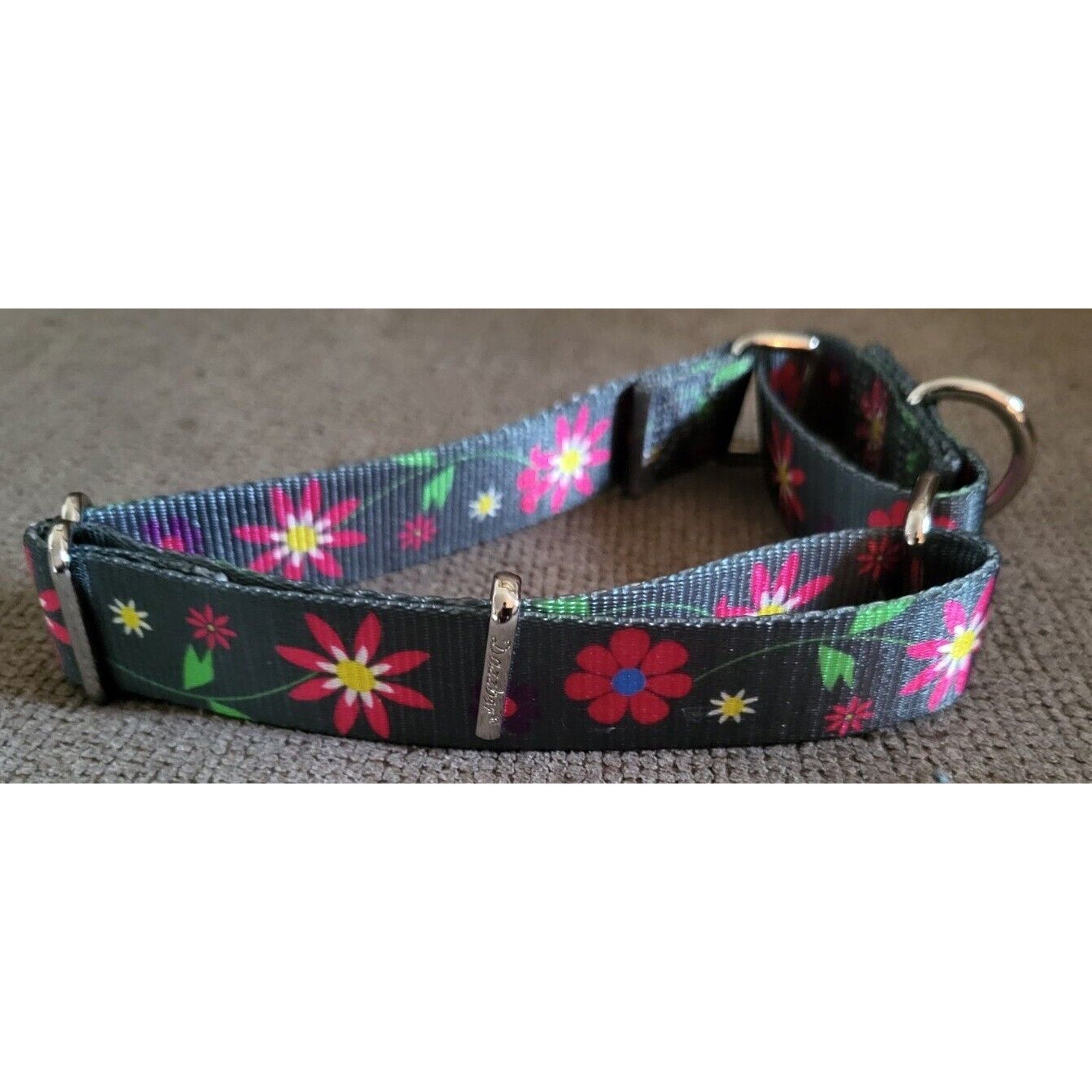 Dazzber 1" Wide Martingale Dog Collar - GraphiteFlower Collar Medium 14" to 21"