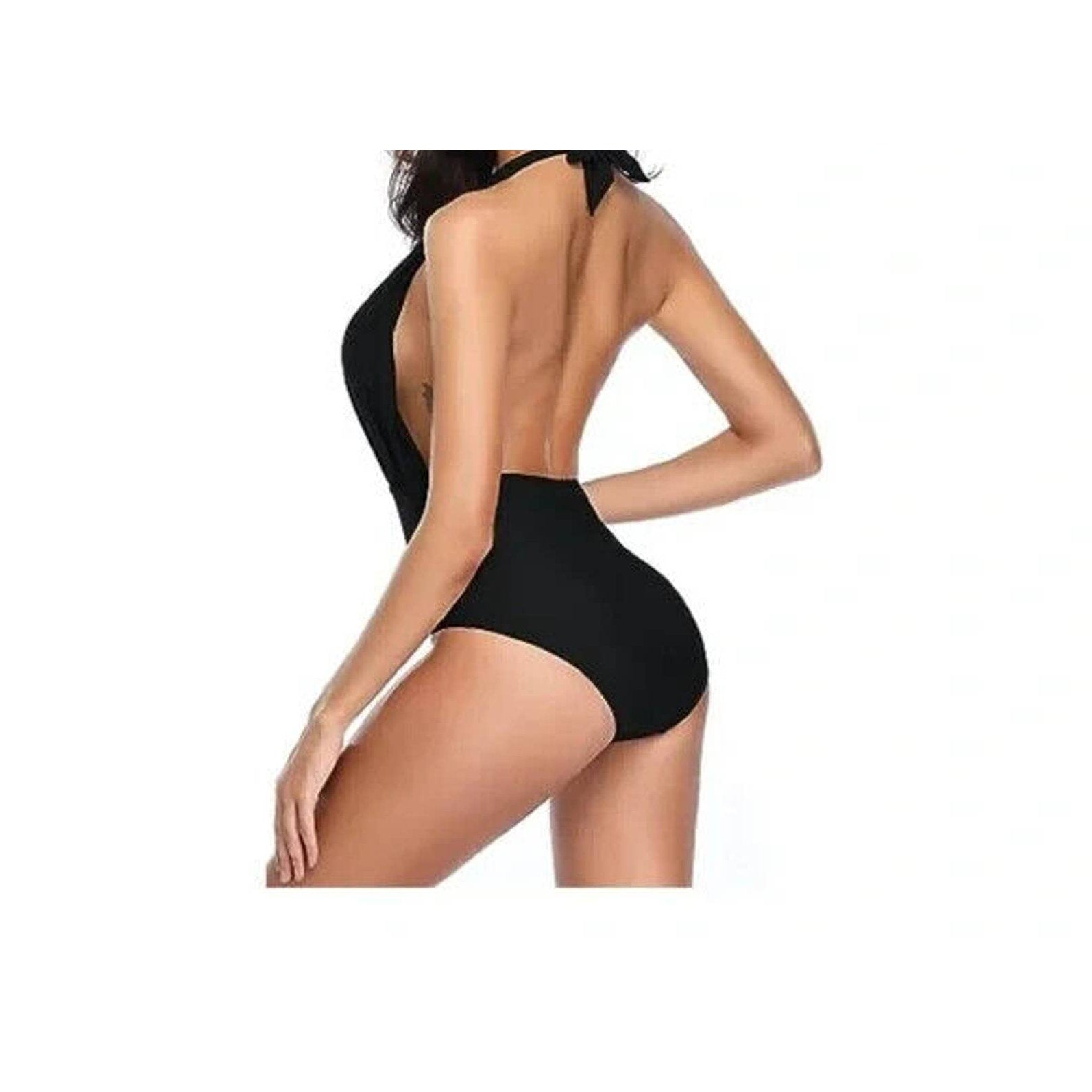 Shekini Black Retro Deep V-Neck Backless High Waisted One Piece Swimsuit Size M