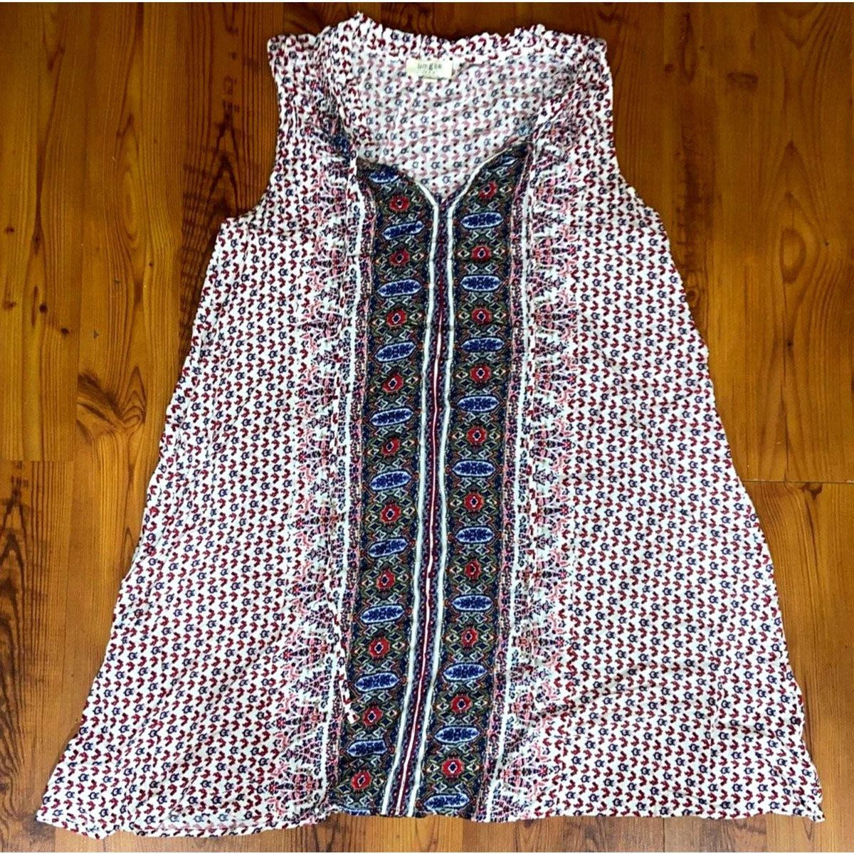 UMGEE Paisley Floral Boho Hippie Sleeveless Ruffle Tie Neck Shift Dress Sz S