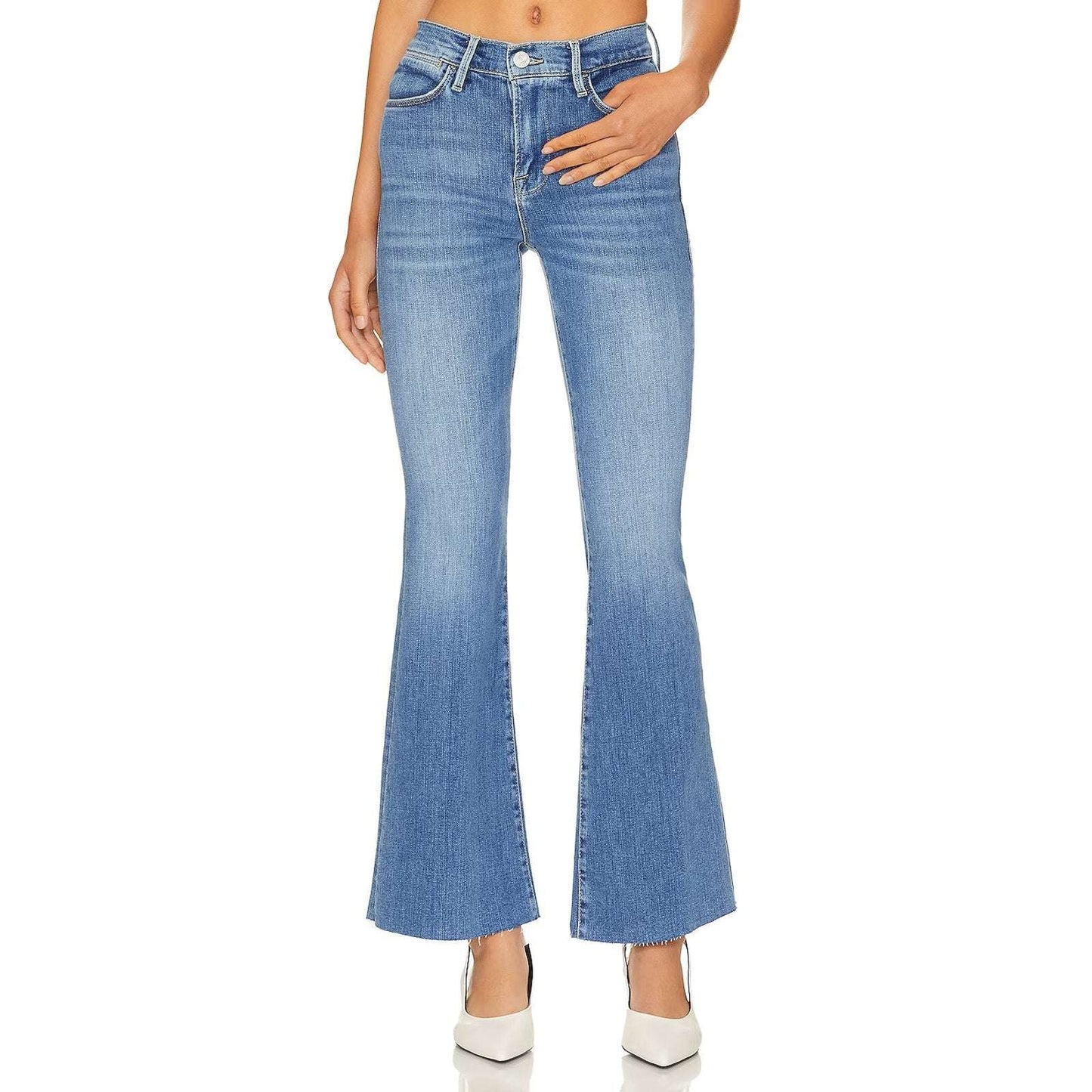 FRAME Le High Rise Flare Undone Raw Fray Hem Jeans in Columbus Blue Size 32
