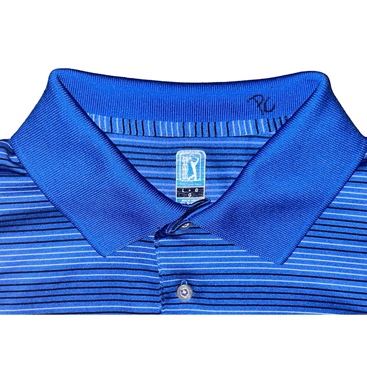 PGA Tour Blue w Black & Gray Stripes Polo Shirt Size L Large Men's Golf Preppy