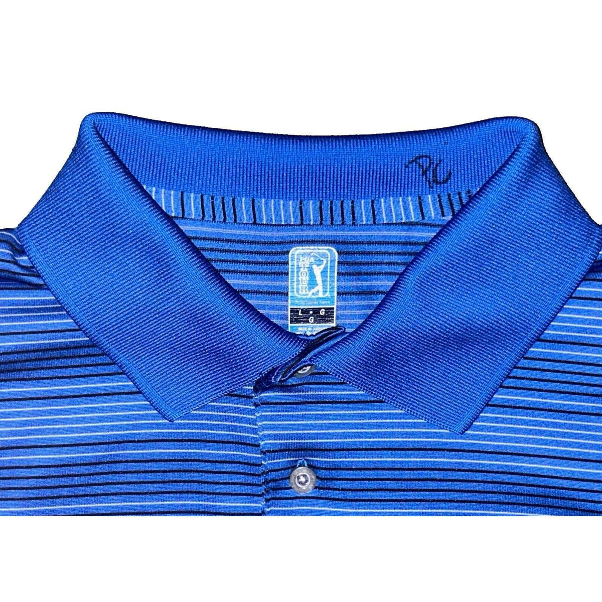 PGA Tour Blue w Black & Gray Stripes Polo Shirt Size L Large Men's Golf Preppy