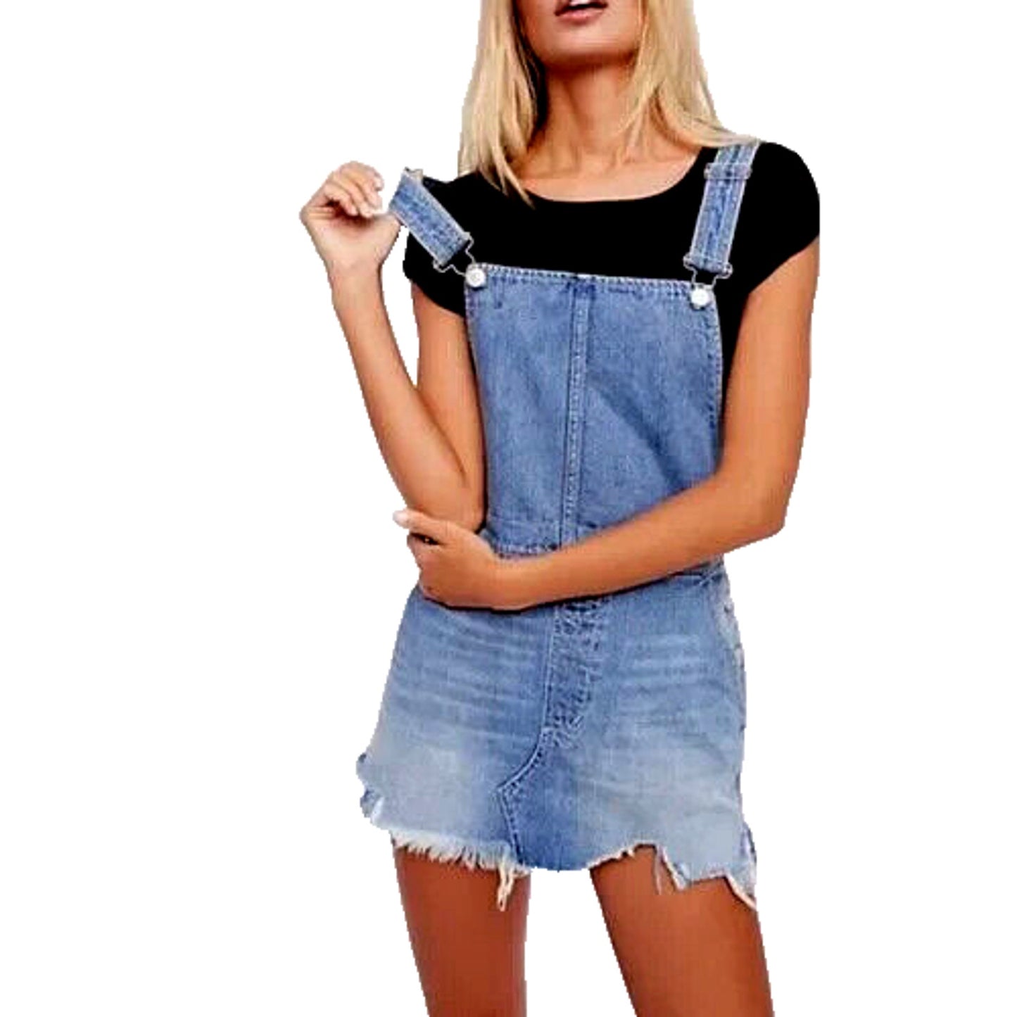 FREE PEOPLE Distressed Overall Denim Jean Dress w/ Frayed Hem Size 4