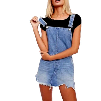 FREE PEOPLE Distressed Overall Denim Jean Dress w/ Frayed Hem Size 4