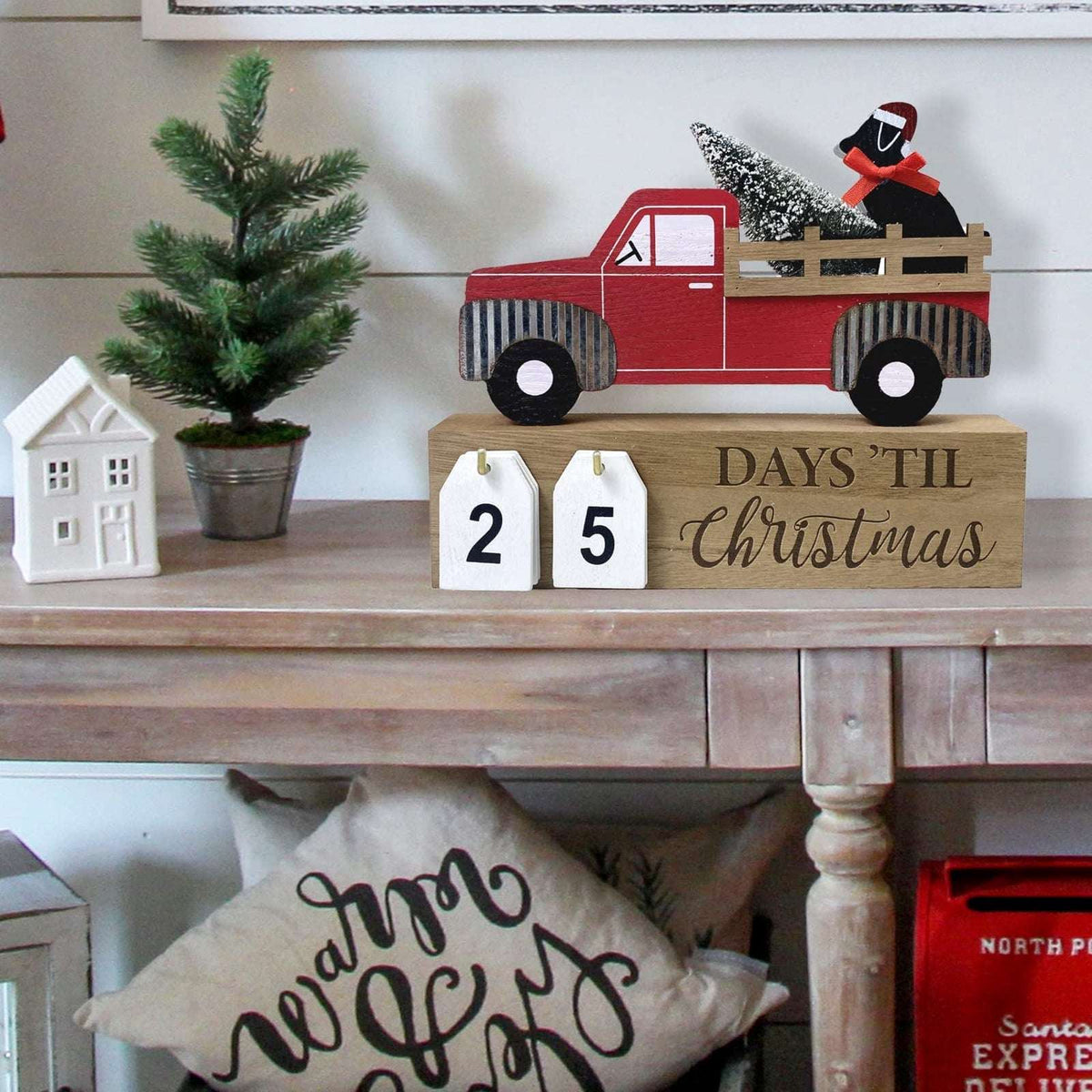 Wooden Countdown To Christmas Advent Calendar Red Truck Dog Calendar Farmhouse